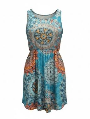 Boho Mandala Print Sleeveless Dress with pockets Size Large Teal Orange